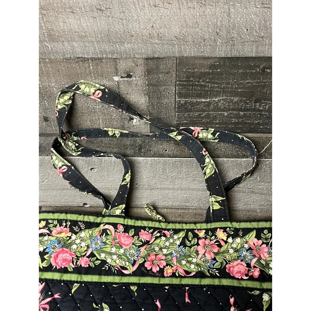 VTG Vera Bradley Quilted Tote Bag Floral Pink Bows Lily of the Valley Black - Picture 5 of 9